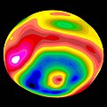 Elevation diagram of 4 Vesta (as determined from Hubble Space Telescope images of May 1996) viewed from the south-east, showing Rheasilvia crater and an unnamed basin