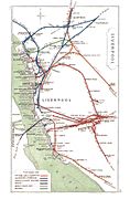 Junction Diagram showing railways around Liverpool. The North Mersey branch is shown in blue, running roughly east–west near the top.