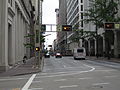 Example of traffic signals mounted on gantries in downtown Cincinnati, Ohio, and integrated with street signage