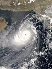 Satellite image of Cyclone Gonu near the coast of Oman, a country in the southeastern portion of the Arabian Peninsula