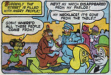 A comics panel. In the top left, a caption with a yellow background reads, "Suddenly the street is filled with angry people!" In the main panel, anthropomorphic characters crowd a sidewalk. A monkey, standing to the left on the road beside the curb, says, "Gosh! Where'd all these people come from?" An overweight male on the sidewalk in the middle facing right says to a police officer, "Hey! My watch disappeared from my parlor!" An female near the bottom right, says to a male in the bottom right corner, "My necklace! It's gone from the table!!"