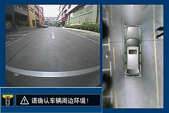 Common output interface; rear-view camera given prominence on the left, and omniview shown on the right with generic rendered vehicle