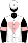 White, pink heart, black collar, black sleeves, pink armlets, white cap, black peak