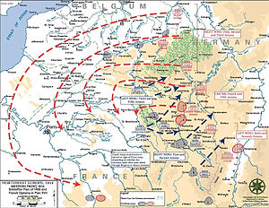 Диаграмма, показывающая общую идею плана Шлиффена 1905 года (отличного от применяемого в 1914 году): обозначены линии наступления армий, а также различные оборонительные сооружения Германии (красный), и Франции с Бельгией (синий).