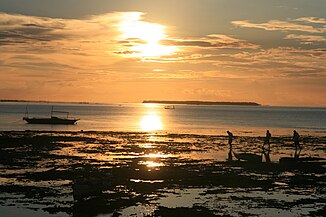 Small low green island in blue sea, at about two km. Sun is setting directly behind island. In the foreground the tide has gone out. Several beachcombers are walking, several boats are beached.