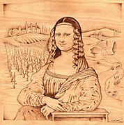 Pyrography artwork of the Mona Lisa