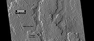 Close-up of lava flow with labels, as seen by HiRISE under HiWish program Note: this is an enlargement of the previous image of lava flows.