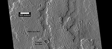 Close-up of lava flow with labels, as seen by HiRISE under HiWish program. Note: this is an enlargement of the previous image of lava flows.