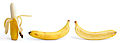 From the left: bananas as commonly eaten by peeling the skin in thick strips; banana fruit; banana cross section.