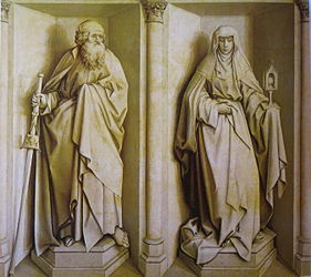 Santos Santiago y Clara (h. 1420-1430), Maestro de Flémalle, Prado. Reverso de los Desposorios.