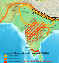 The Mughal Empire at its greatest extent, in 1707