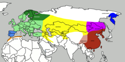 紫色的是朝鮮喜鵲的分佈地