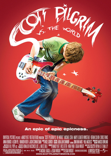 A pink-haired girl named Ramona, standing back to back with a boy in a red t-shirt, Scott Pilgrim. Behind them pictures of her seven evil exes.