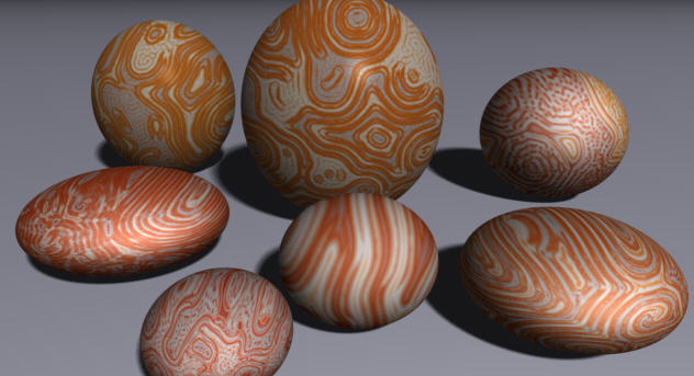 Using reaction-diffusion textures produced with TexRD to cover virtual objects (an example provided with installation files). This simple scene was rendered by POV-Ray software.