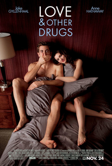 Jamie (Jake Gyllenhaal) and Maggie (Anne Hathaway) are in torn blankets in bed, as information is below and "Love and Other Drugs" is at the top.