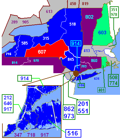 New York in blue with Area Code 607 shown in red