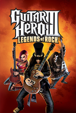 The title "Guitar Hero III: Legends of Rock" appear in big text at the top. The game's three bosses are shown below the title.