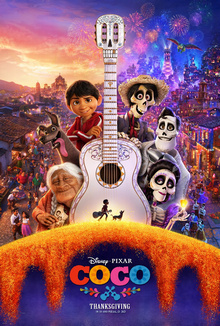 Theatrical release poster depicting the characters Coco, Dante the dog, Miguel, Héctor, Ernesto, and Imelda when viewing clockwise from the bottom left around Ernesto's white, Day of the Dead-styled guitar. The guitar has a calavera-styled headstock with a small black silhouette of Miguel, who is carrying a guitar, and Dante at the bottom. The neck of the guitar splits the background with their village during the day on the left and at night with fireworks on the right. The bottom of the poster has the film's logo and release date of "Thanksgiving".