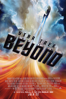 The USS Enterprise flying through the universe, with the film's title "Beyond", and the film's billing below.