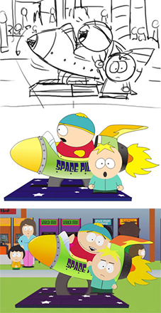 Montage showing the stages of an animation process: On top, a simple black and white sketch of a male child in a rocket kiddie-ride, while another young boy stands next to the ride and reluctantly holds the rider's hand. In the middle, stock animation characters reflecting the sketch shown at top, sans background characters. At bottom, a screenshot of a fully animated frame showing the same event, complete with characters and arcade games in the background