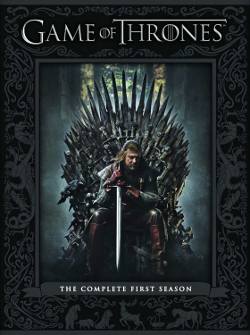 The box cover for the season 1 DVD set depicts Sean Bean as Eddard Stark sitting on the iron throne holding a sword and appearing pensive