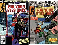 Two comic books covers, both titled "FOR YOUR EYES ONLY". The cover on the left shows a man with a pistol, with a blonde woman in front of him. In front of both of them a brunette woman holds a crossbow. The cover on the right shows the same man and brunette woman abseiling on a cliff, with two guns in the foreground pointing at them.