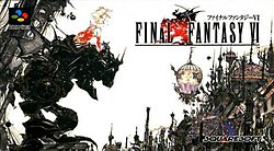 The Japanese cover of Final Fantasy VI, showing a blond woman riding a mechanical device next to a city