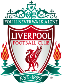 The words "Liverpool Football Club" are in the centre of a pennant, with flames either side. The words "You'll Never Walk Alone" adorn the top of the emblem in a green design, "EST 1892" is at the bottom.