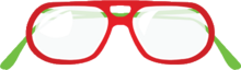 Glasses with a thick red and green frame