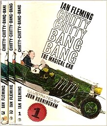 The cover of Chitty-Chitty-Bang-Bang, showing author and title, and a cartoon of the car with the Pott family