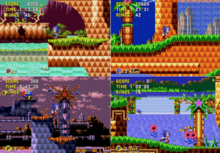 An image depicting Sonic in the four time periods in Sonic CD's Palmtree Panic level. Clockwise from left: past, present, good future, and bad future.