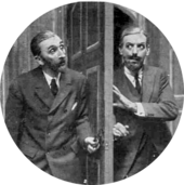 two men peering cautiously at each other from either side of a door