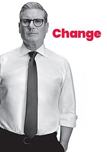 Black and white photo of Kier Starmer standing in front of a white background. The word "change" in red is next to him.