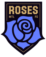 A black shield, with a blue rose on the bottom and "Roses", "MTL", and "FC" written in gold on top.