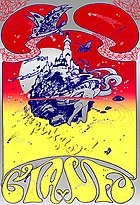 A psychedelic poster advertising Pink Floyd at the UFO, it is red at the top and yellow on the bottom with blue in the middle. A lighthouse or castle is visible on a mountain of rock.