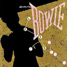 A silhouette of a man against a gold backdrop. The words "David Bowie" appear in the upper right, while "Let's Dance" is spelled out in connect-the-dot form.