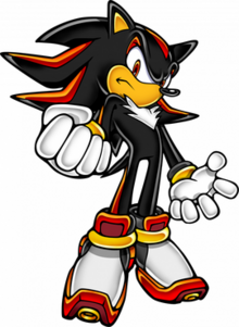 A tall and angry black hedgehog making a menacing pose. He has red eyes, dark skin around his snout and ears, red ass on his quills and arms, black and gold handcuffs, white fur on his chest, and white, black, red, and yellow skates.