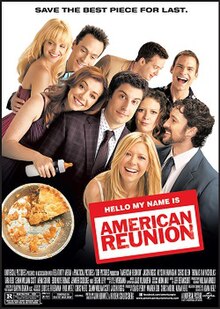 Group picture of the cast. Alyson Hannigan has a baby bottle in hand. The pie has only a small slice left.