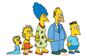 A cartoon drawing of a family, with a baby, two children, and two parents. They are dressed in casual and formal clothing, and have yellow skin.