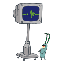 An animated computer monitor on a base with wheels stands next to a small, dark green, one-eyed copepod.