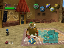 A rock-like humanoid standing on a town street. Around the image are icons representing time passed, Link's health, magic, money, items and possible actions.