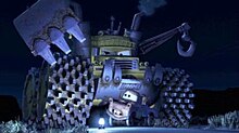 An anthropomorphic monster truck with a large exractor bucket and bulldozer blade glares maliciously at a quivering, rusty tow truck.