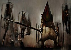 A screenshot of a painting featured in a video game; a pale-skinned, spear-wielding, and muscular monster with a bloodstained, and rusty, triangular head stands in the center, surrounded by caged humanoids.