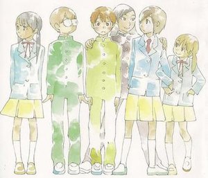 A group of six junior high school students standing side by side in school uniforms. From the left is a girl, two boys, a girl wearing a male uniform, and two other girls