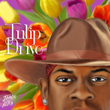 A painting of Jimmie Allen wearing a brown cowboy hat, red bandana and an earring, with numerous tulips behind him. The album title is beside him and the artist's logo is on the bottom left, colored in white.