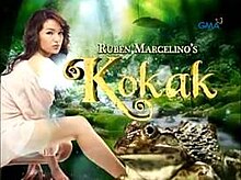 An image of Sarah Lahbati and a frog. The series title is displayed on the right side of the image. The texts "Ruben Marcelino's" are written above the series title. The logo of GMA Network is displayed on the upper right side of the image.