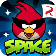 A square-shaped game icon of an angry limbless red cartoon bird with an eye mask, on a dark blue outwards-striped starry background. The word "SPACE" is written below. The Rovio Entertainment logo is inside a white banner located in the top right corner.