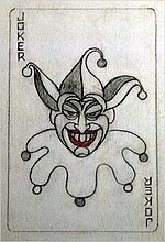 Sketch of a playing card with a grinning Joker