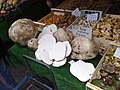 Puffball mushrooms on sale at a market in England. (Note the slices are uniform and white all the way through.)