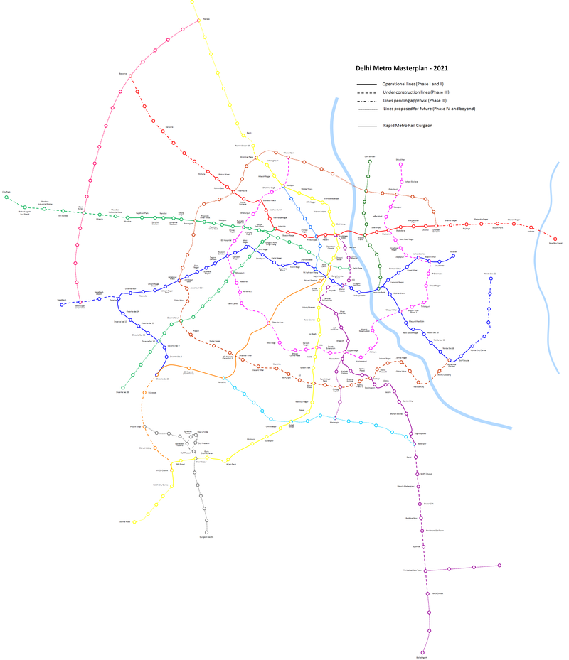 Delhi Metro Masterplan 2021. Only those proposed lines are included here which are very likely to get built. Other proposed lines are not included.